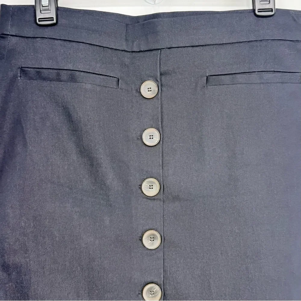 Ann Taylor Factory Blue Black Button Front Preppy Nautical Sailor Midi Skirt